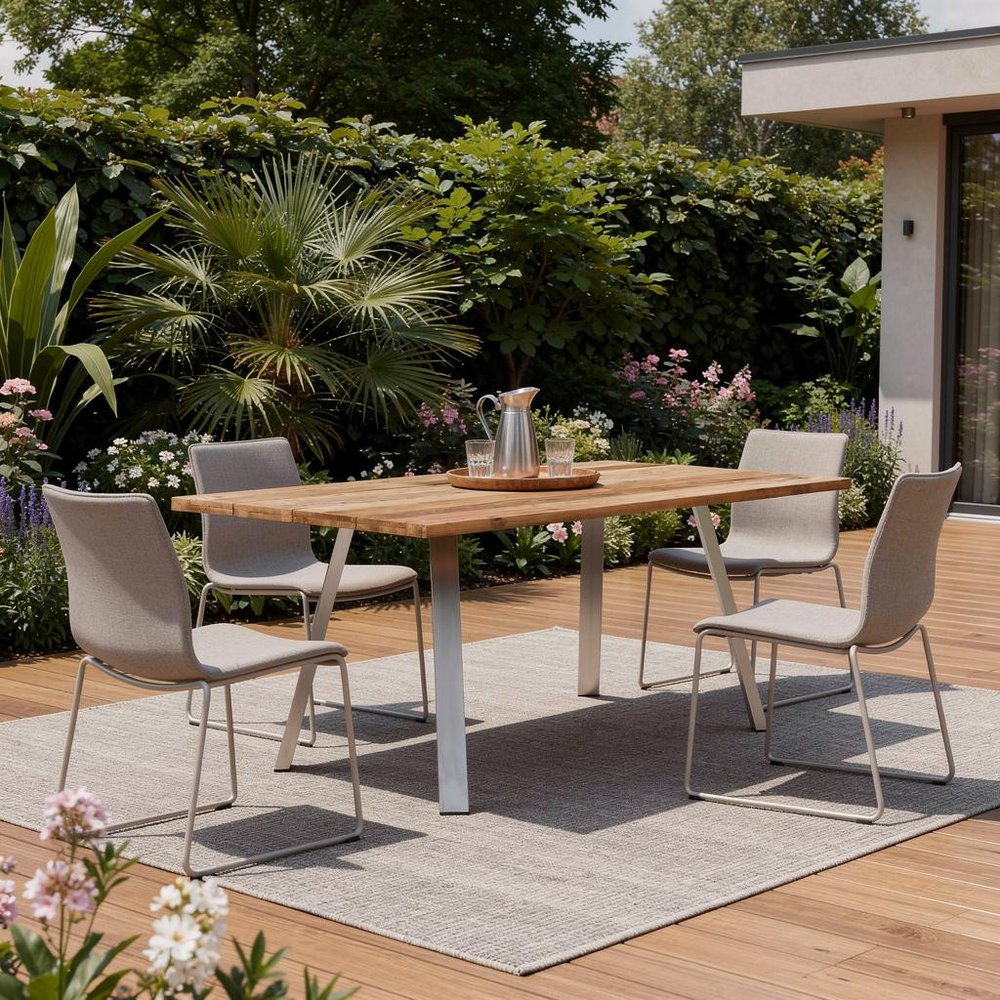 79" Natural and Silver Solid Wood and Stainless Steel Outdoor Dining Table