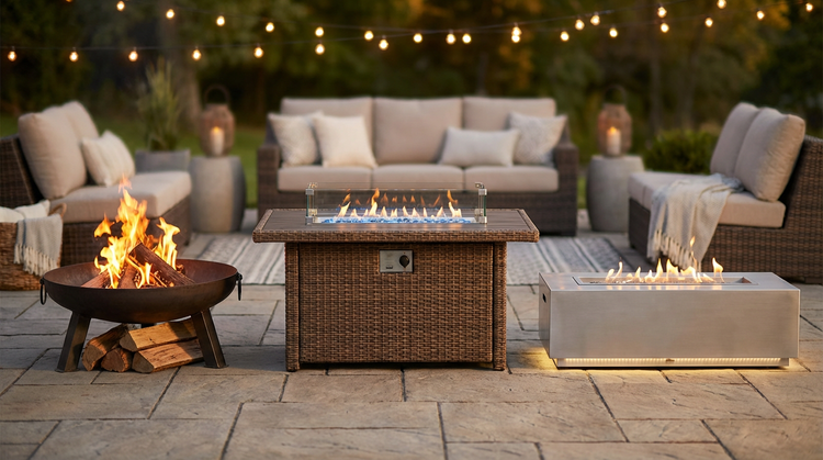 An outdoor lounge area with wicker sofas and chairs surrounding a round fire pit and a rectangular fire table, with string lights overhead.