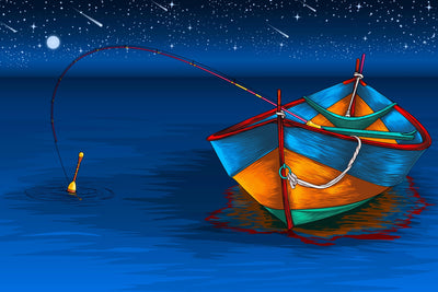 Moonlit Harbor - Vibrant Nighttime Boat Scene