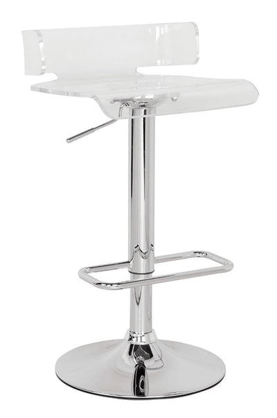 Clear and Silver Acrylic and Metal Low Back Adjustable Height Swivel Bar Chair