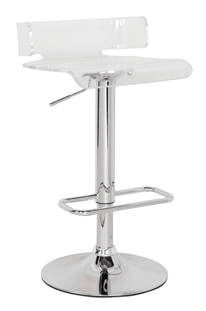 Clear and Silver Acrylic and Metal Low Back Adjustable Height Swivel Bar Chair