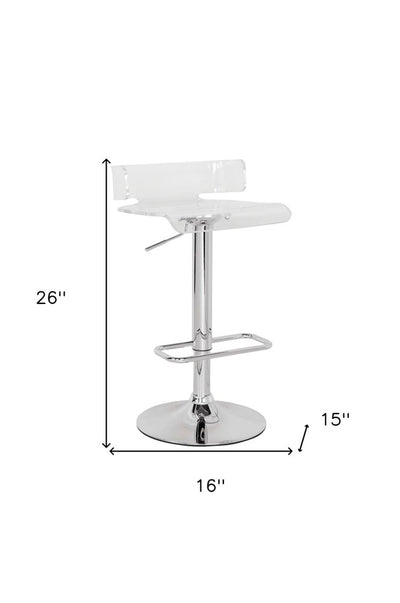 Clear and Silver Acrylic and Metal Low Back Adjustable Height Swivel Bar Chair