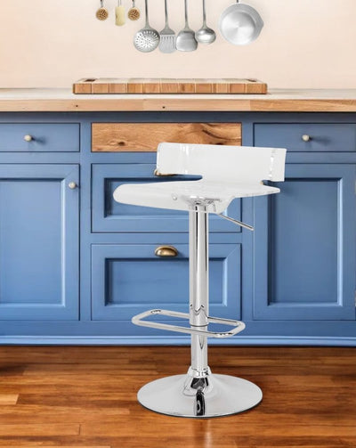 Clear and Silver Acrylic and Metal Low Back Adjustable Height Swivel Bar Chair