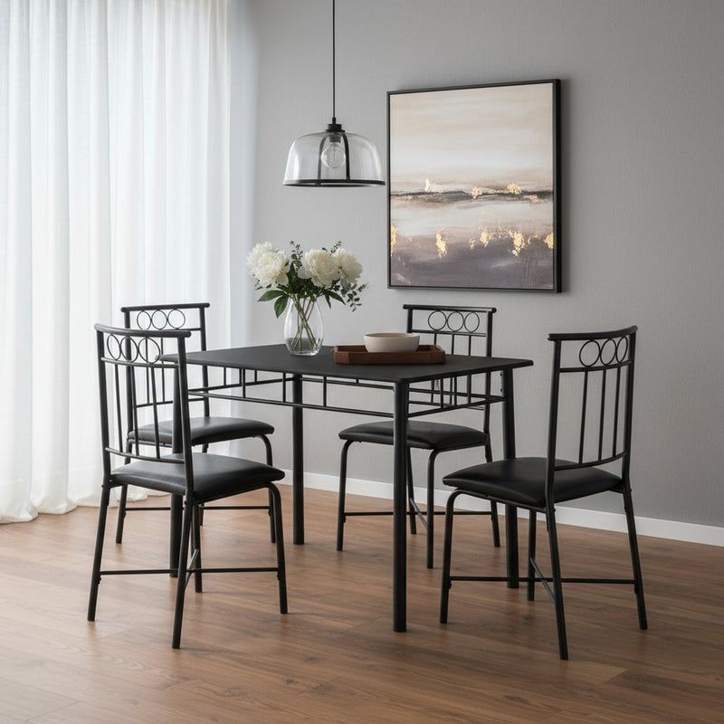 61.5" X 73.5" X 101" Black Metal Foam Polyurethane Leather Look Polyes  5Pcs Dining Set