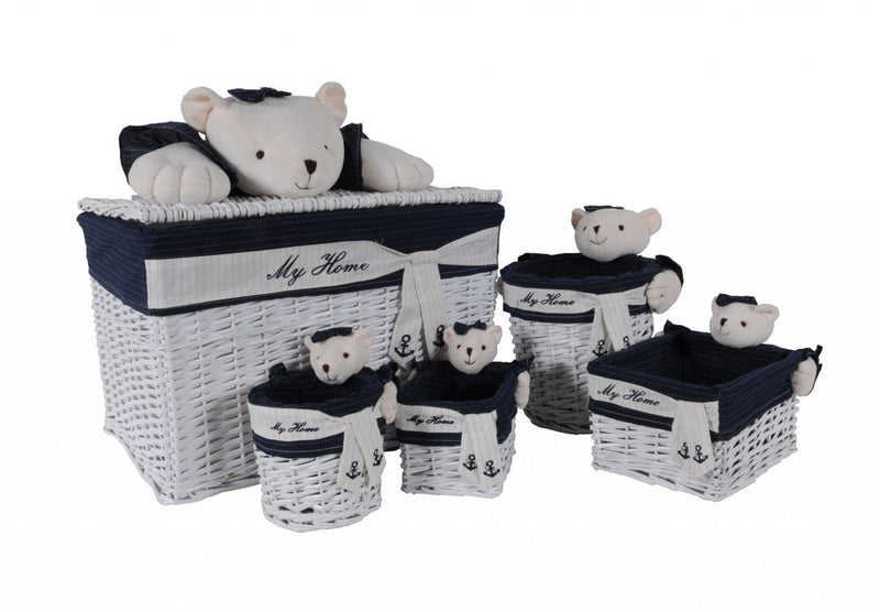 Set Of Five Blue And White Teddy Bear Rattan Baskets