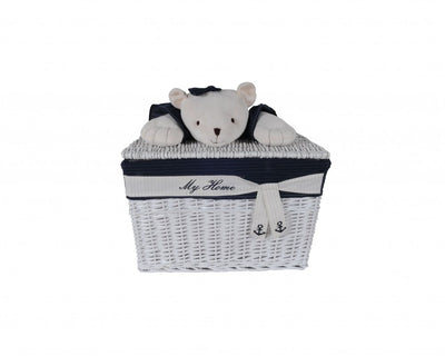 Set Of Five Blue And White Teddy Bear Rattan Baskets