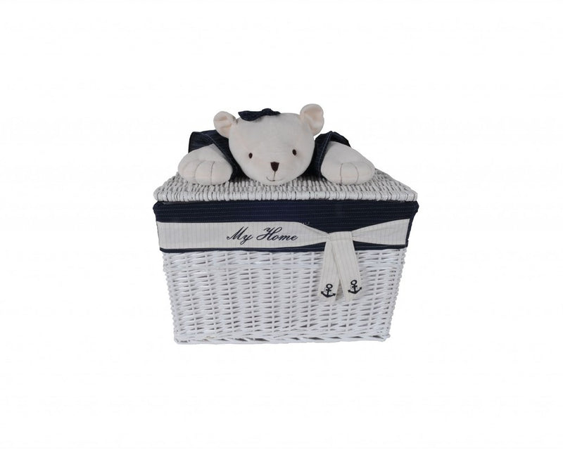 Set Of Five Blue And White Teddy Bear Rattan Baskets