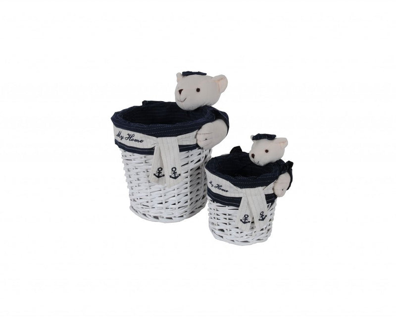 Set Of Five Blue And White Teddy Bear Rattan Baskets