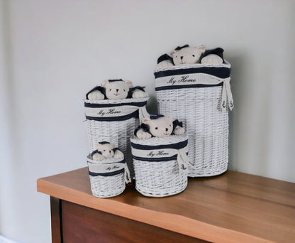 Set of Four Blue And White Rattan Basket