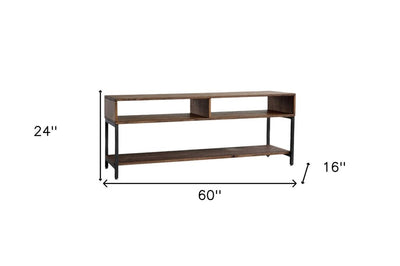 60" Brown Solid Wood Open Shelving TV Stand