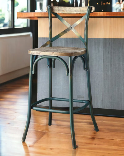 21" Brown And Sky Blue Iron Bar Chair