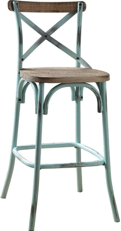 21" Brown And Turquoise Solid Wood And Metal Bar Chair
