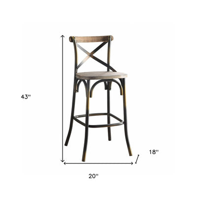 43" Oak And Black and Gold Solid Wood And Metal Bar Height Bar Chair
