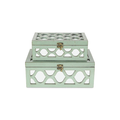 Set of Two Green Wood And Mirrored Glass Boxes