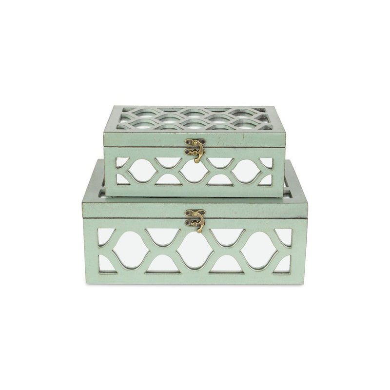 Set of Two Green Wood And Mirrored Glass Boxes