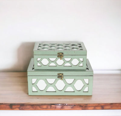 Set of Two Green Wood And Mirrored Glass Boxes