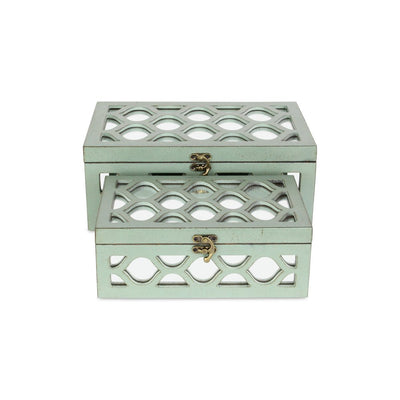 Set of Two Green Wood And Mirrored Glass Boxes