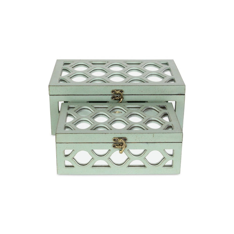 Set of Two Green Wood And Mirrored Glass Boxes