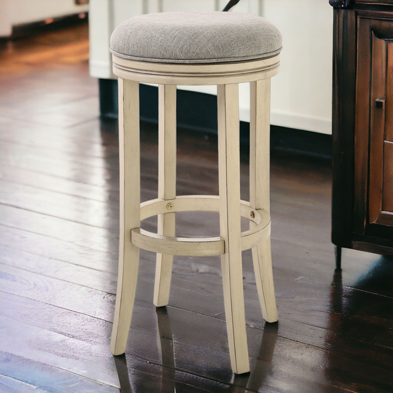 30" Gray and Ivory Fabric and Solid Wood Backless Bar Height Swivel Bar Chair