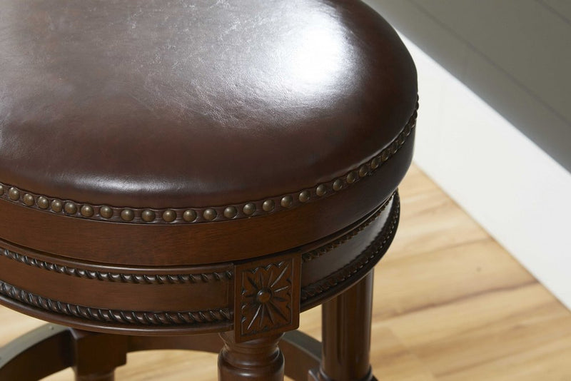 31" Brown Faux Leather and Solid Wood Backless Counter Height Swivel Bar Chair