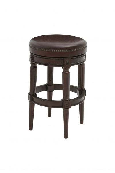 31" Brown Faux Leather and Solid Wood Backless Counter Height Swivel Bar Chair