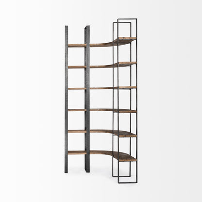 90" Black And Brown Iron and Wood Six Tier Bookcase