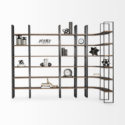 90" Black And Brown Iron and Wood Six Tier Bookcase