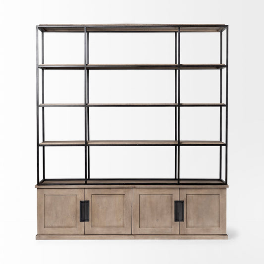 90" Brown Iron and Wood Three Tier Bookcase