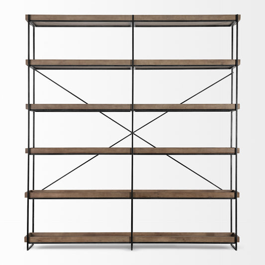 88" Black And Brown Iron and Wood Five Tier Bookcase