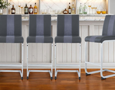 Set of Four 26" Gray and Silver Metal and Faux Leather Counter Height Bar Chairs
