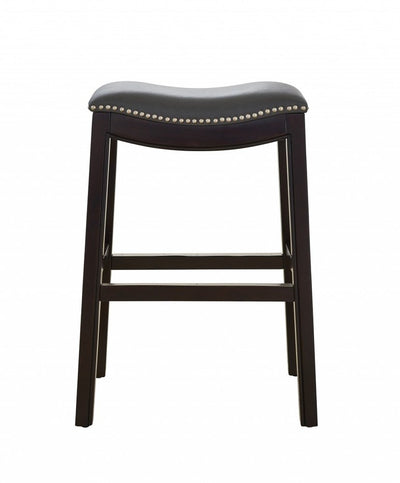 26" Gray and Espresso Faux Leather and Solid Wood Backless Counter Height Bar Chair