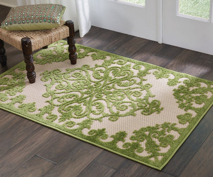 3' X 4' Green Damask Indoor Outdoor Area Rug