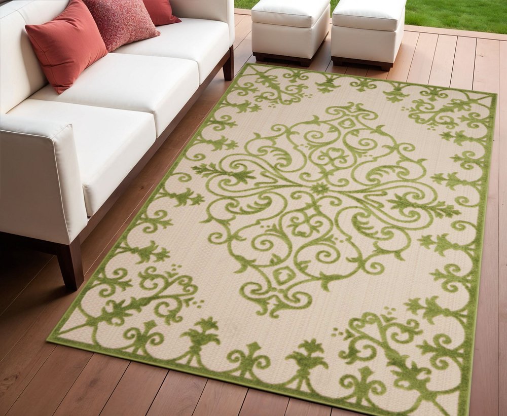 3' X 4' Green Damask Indoor Outdoor Area Rug