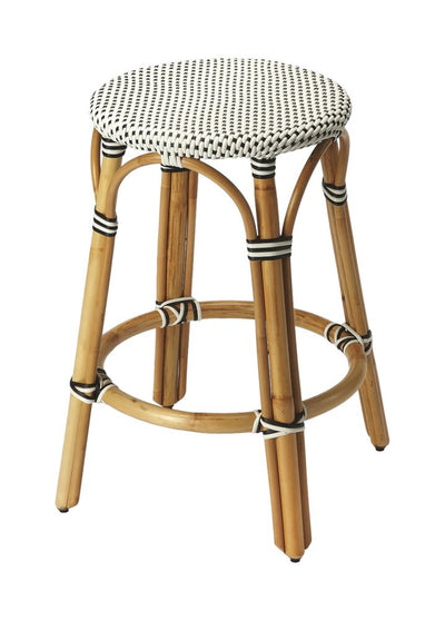 24" Black and White and Natural Heavy Duty Plastic and Rattan Backless Counter Height Bar Chair