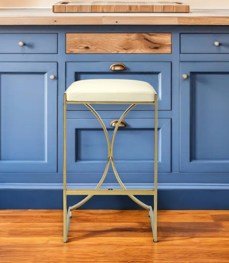 24" Off White and Gold Faux Leather and Iron Backless Counter Height Bar Chair