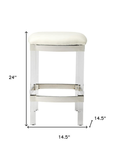 24" White and Clear Stainless Steel and Acrylic Backless Counter Height Bar Chair