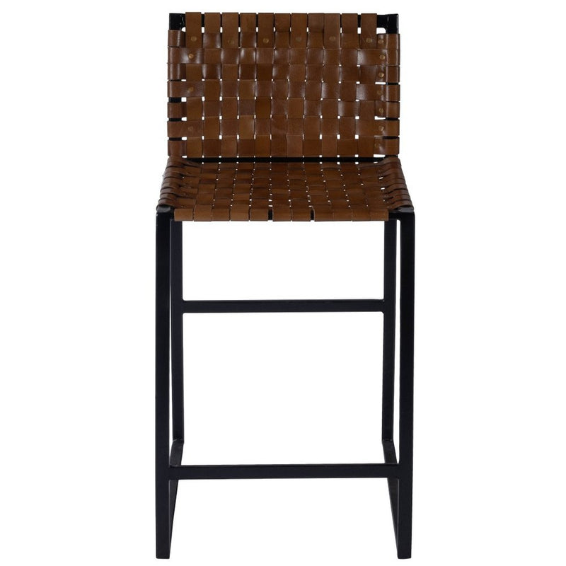 36" Brown and Black Leather and Iron Bar Chair