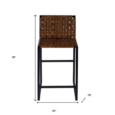36" Brown and Black Leather and Iron Bar Chair