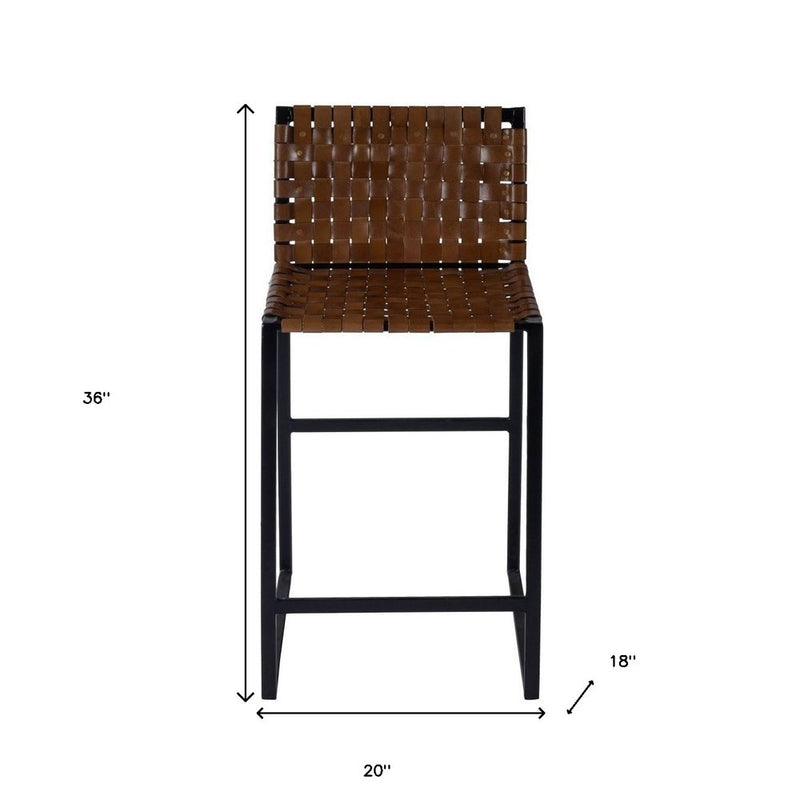 36" Brown and Black Leather and Iron Bar Chair