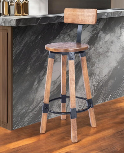 28" Brown and Natural Solid Wood and Iron Bar Chair