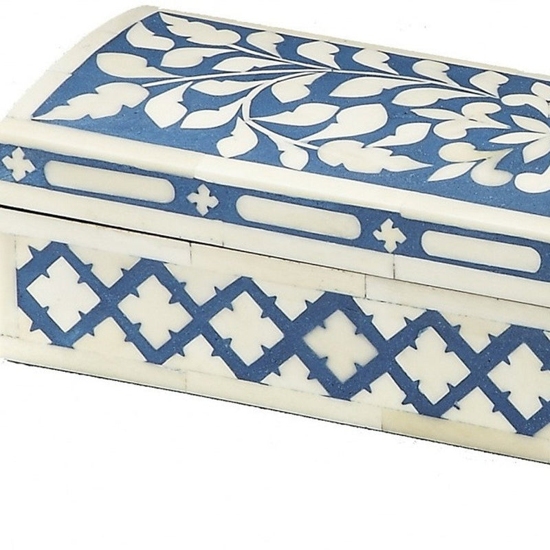 12" Blue And White Bone Inlay Box With Lid