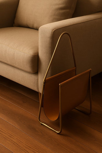 14" Brown And Gold Leather And Metal Magazine Holder