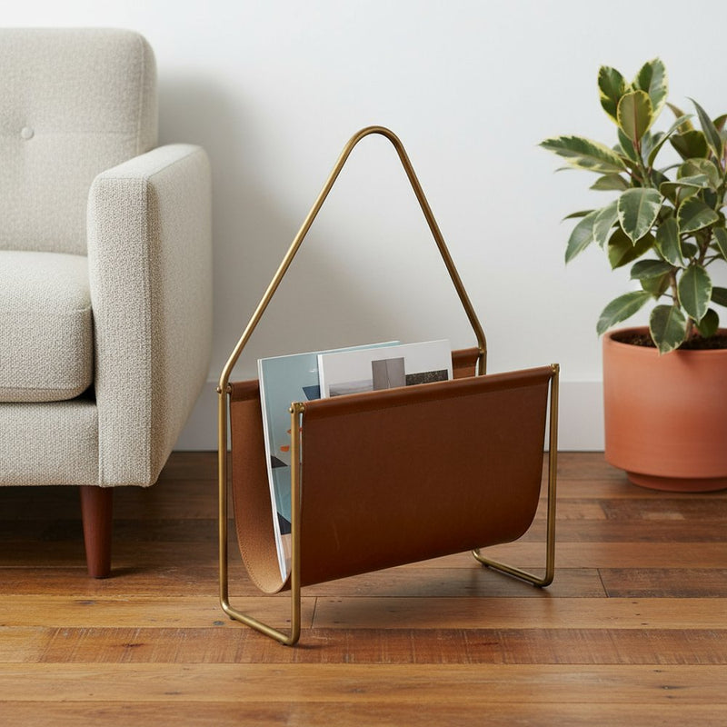 14" Brown And Gold Leather And Metal Magazine Holder