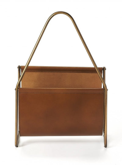 14" Brown And Gold Leather And Metal Magazine Holder