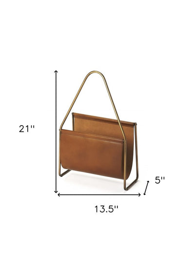 14" Brown And Gold Leather And Metal Magazine Holder