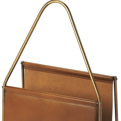 14" Brown And Gold Leather And Metal Magazine Holder