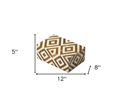 12" Brown And Ivory Wood And Bone Inlaid Geometric Storage Box
