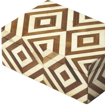 12" Brown And Ivory Wood And Bone Inlaid Geometric Storage Box