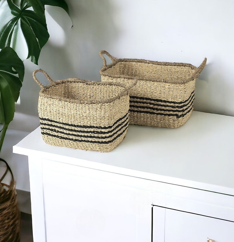 Set of Two Natural And Black Striped Seagrass Rattan Baskets