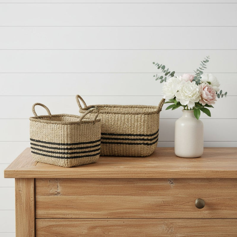 Set of Two Natural And Black Rattan Basket